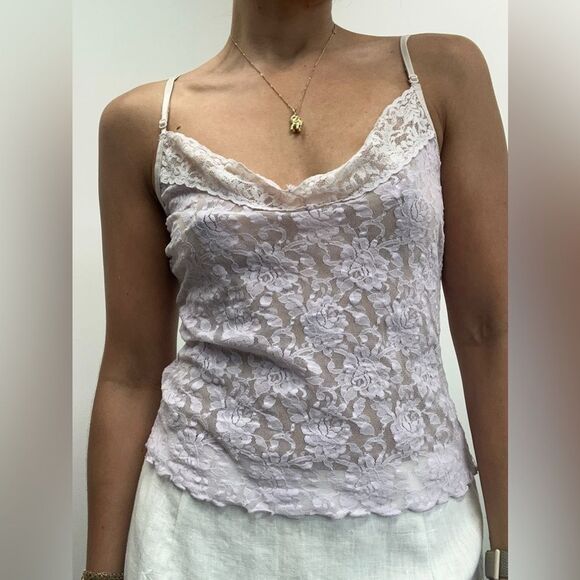 Y2K Lilac Purple Lace Sheer Spaghetti Strap Camisole Top Size L - Picture 1 of 9